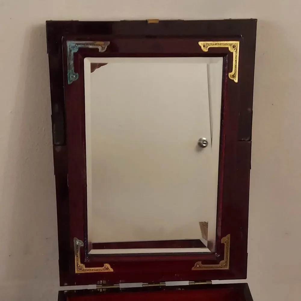 Antique c1920 Rosewood and Brass Chinese Mirror Box with Laquered Finish